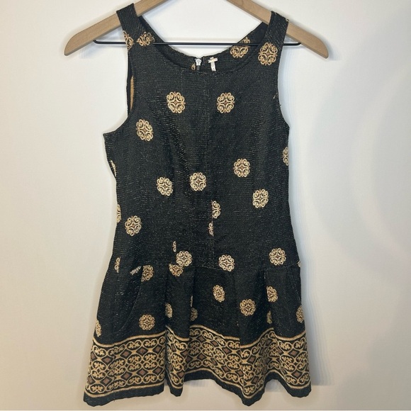 Free People Black and Tan Tapestry Sleeveless Fit and Flare Mini Dress, Size 0 - Picture 1 of 8